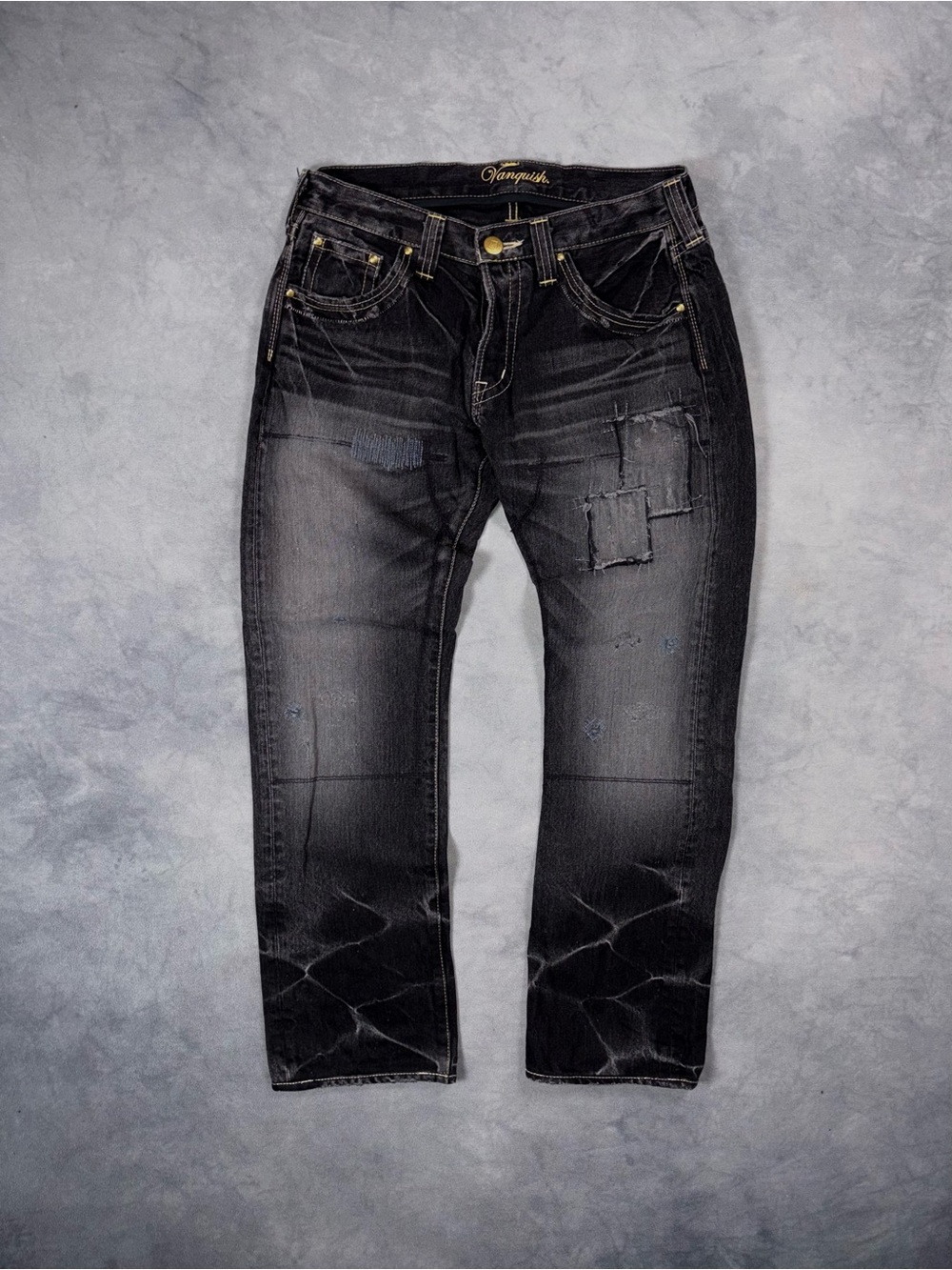 VANQUISH JAPAN Y2K Vintage Archive Distressed Patchwork Black Denim Jeans